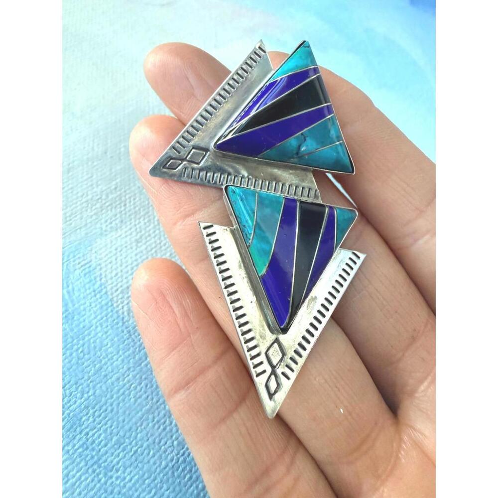 VTG SUNWEST 925 Silver Turquoise Lapis Onyx Inlay Earrings Southwestern - Picture 7 of 7